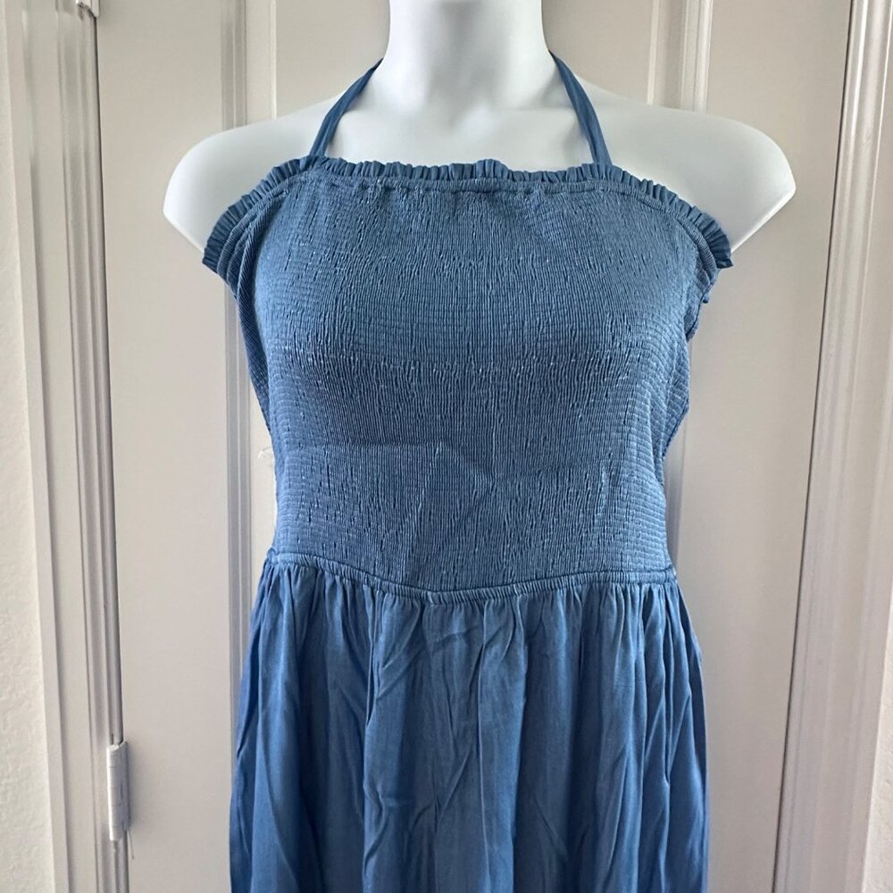 Blue Halter Neck Smocked Jumpsuit With Open Back & Wide Leg Pant For Size 2X - Picture 11 of 14